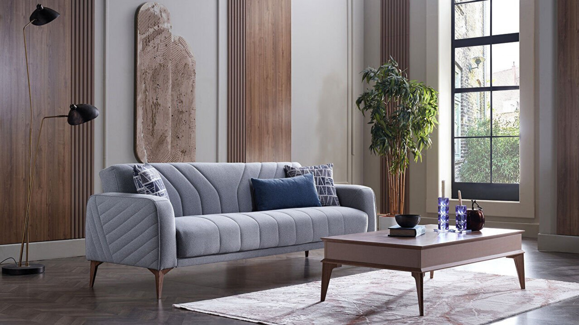 Mathias 3er-Sofa - Blaue Kissen