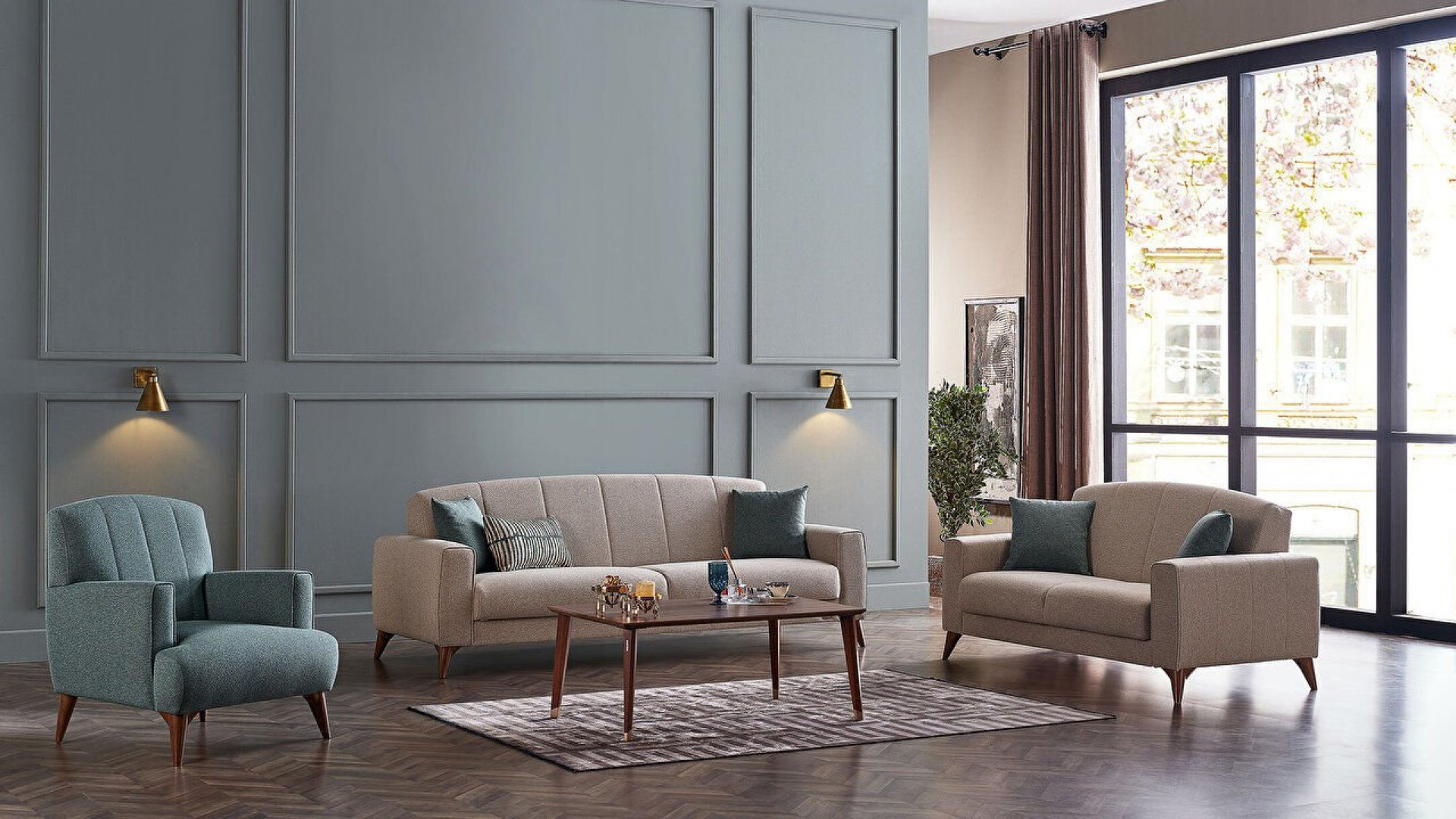 Nilya 2er-Sofa Creme - Grün