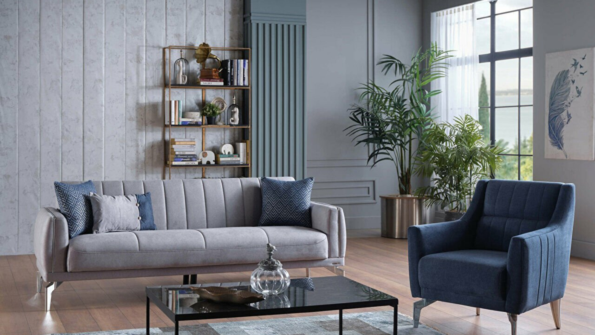 Valens 3er-Sofa - Dunkelblaue Kissen