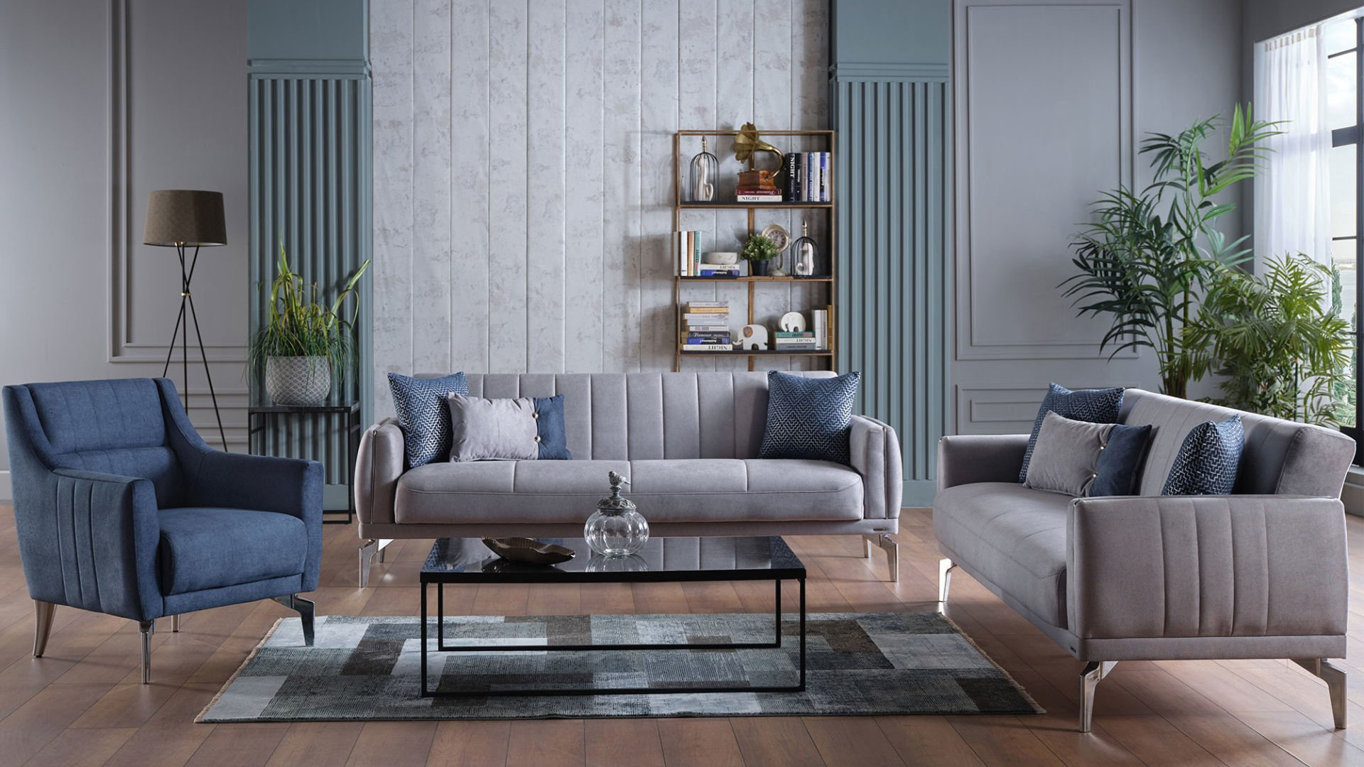 Valens 3er-Sofa - Dunkelblaue Kissen
